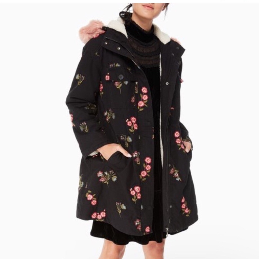 Kate Spade Floral Embroidered Shearling Cotton Hooded Winter Coat Xl